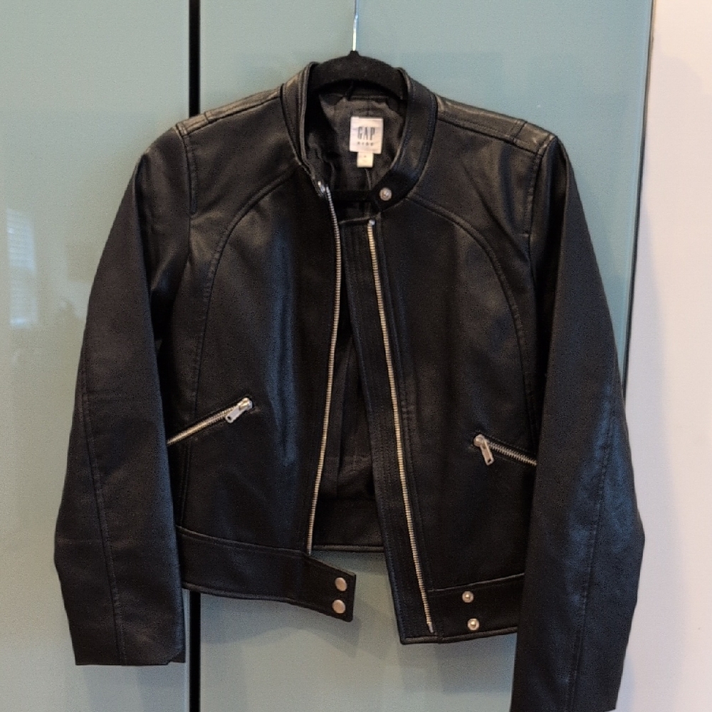 GAP Kids Faux Leather Black Motorcycle Jacket, Size XL